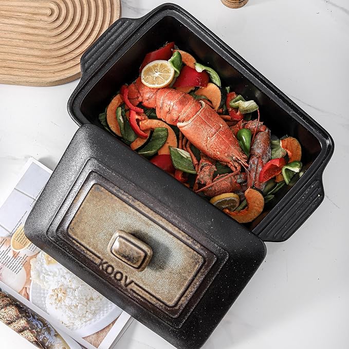 KOOV Ceramic Casserole Dish with Lid, Covered Rectangular Casserole Dish Set, Lasagna Pans with Lid for Cooking, Baking dish With Lid for Dinner, 9 x 13 Inches, Stripe Series (Rough Black)