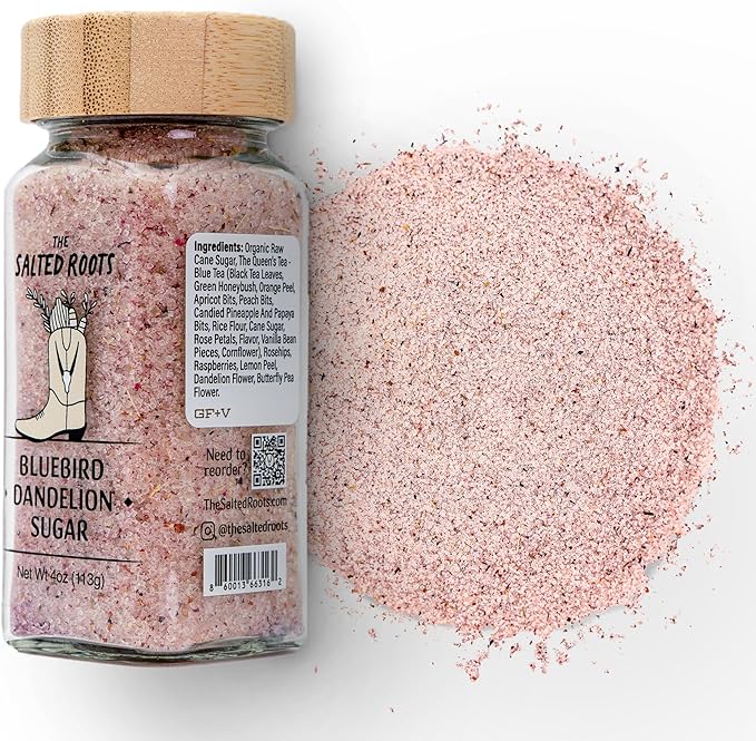 The Salted Roots Bluebird Dandelion Sugar - Floral, Sweet & Citrusy with Blue Tea, Rosehips & Raspberries - Gourmet Sugar for Tea, Pastries & Cocktails – 4oz Jar