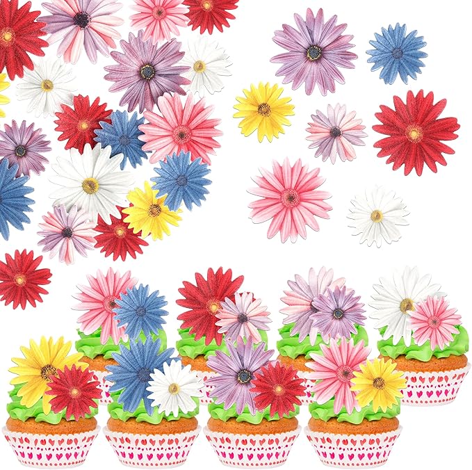 60 Pack Edible Flower Cupcake Toppers Wafer Paper Flower Cake Picks for Bridal Engagement Baby Shower Wedding Birthday Party Cake Decorations Supplies Colorful Style 2