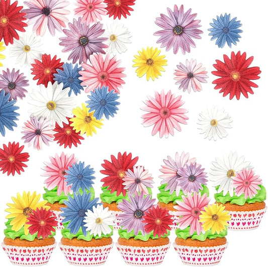 60 Pack Edible Flower Cupcake Toppers Wafer Paper Flower Cake Picks for Bridal Engagement Baby Shower Wedding Birthday Party Cake Decorations Supplies Colorful Style 2