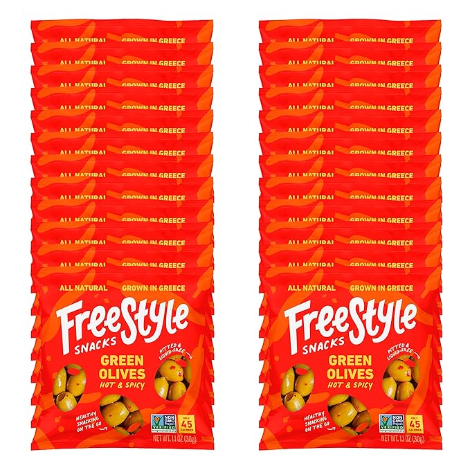 Freestyle Snacks Olive Snack Packs - Single Serve - Fresh Pitted Green Olives, Jumbo-Sized, Grown in Greece, All Natural, Non-GMO, Paleo, Sugar-Free, Keto, Salty Snack - Hot and Spicy, 1.1oz (24 Pack)