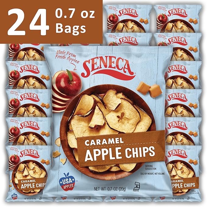 Seneca Caramel Apple Chips | Made from Fresh Apples | 100% Red Delicious Apples | Yakima Valley Orchards | Crisped Apple Perfection | Foil-Lined Freshness Bag | 0.7 ounce (Pack of 24)