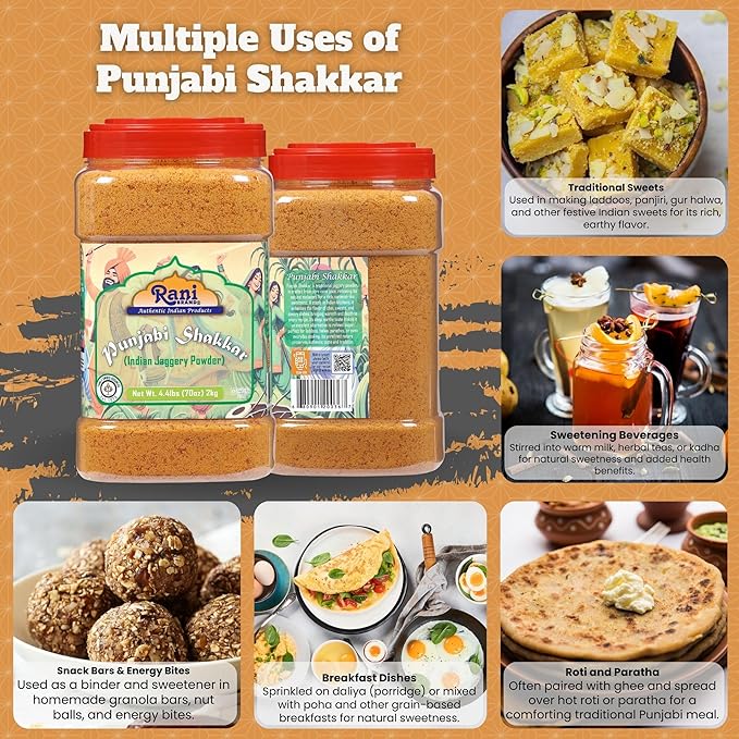 Rani Punjabi Shakkar (Gur Jaggery Powder) Indian Unrefined Raw Cane Sugar 70oz (4.4lbs) 2kg PET Jar ~ Gluten Friendly | Vegan | NON-GMO | Kosher | No Salt or fillers | Indian Product