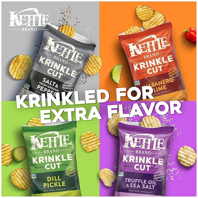 Kettle Brand Krinkle Cut Salt and Fresh Ground Pepper Kettle Potato Chips, Gluten-Free, Non-GMO, 7.5 oz Bag (Pack of 12)