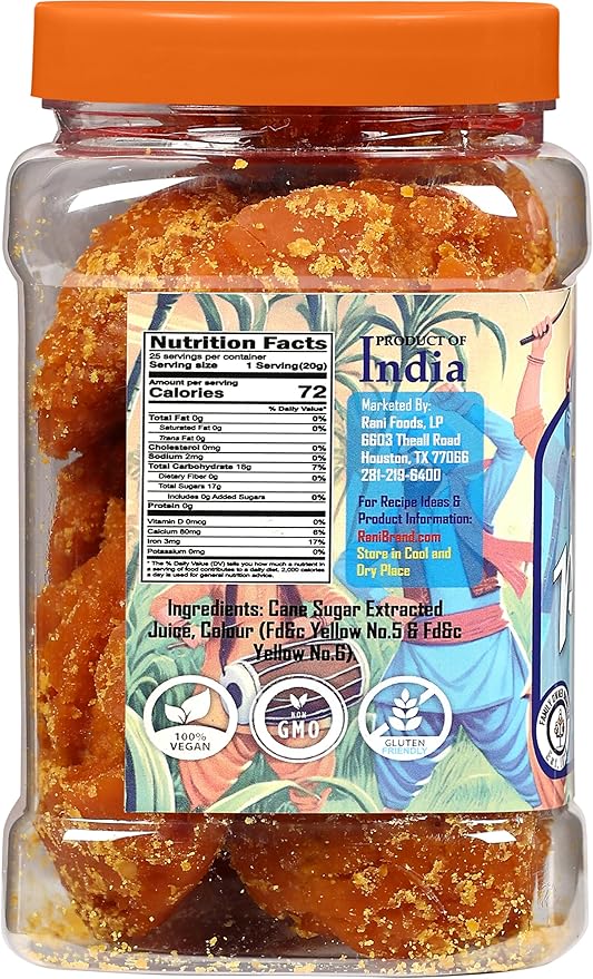 Rani Pesi Gur (Jaggery) Indian Unrefined Raw Cane Sugar 17.5oz (1.1lbs) 500g PET Jar ~ Gluten Friendly | Vegan | NON-GMO | Kosher | No Salt or fillers | Indian Product