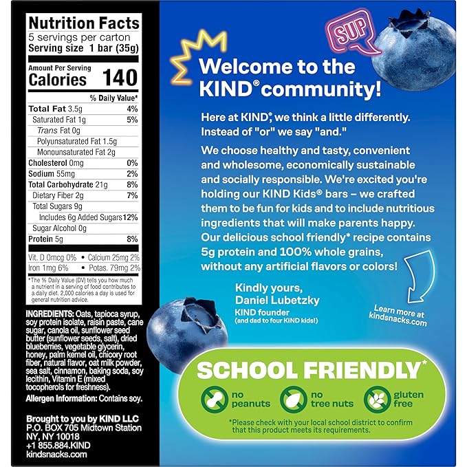 KIND Kids Snacks, Blueberry Muffin Bar, Tree Nut and Peanut Free, Gluten Free, Whole Grains and Oats, 5g Protein, 5 Count