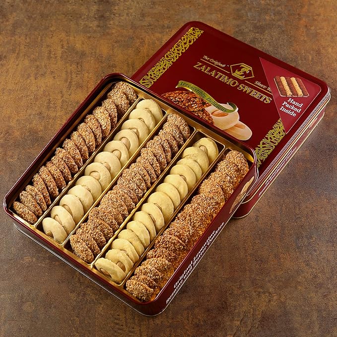 Zalatimo Sweets Since 1860 Shortbread Cookies Variety Pack, 100% All Natural Slightly Sweet, Square Metal Gift Tin, No Corn Starch, No Syrups! Assorted Baklava, Mamoul, Sesame & Butter (Pack of 3)