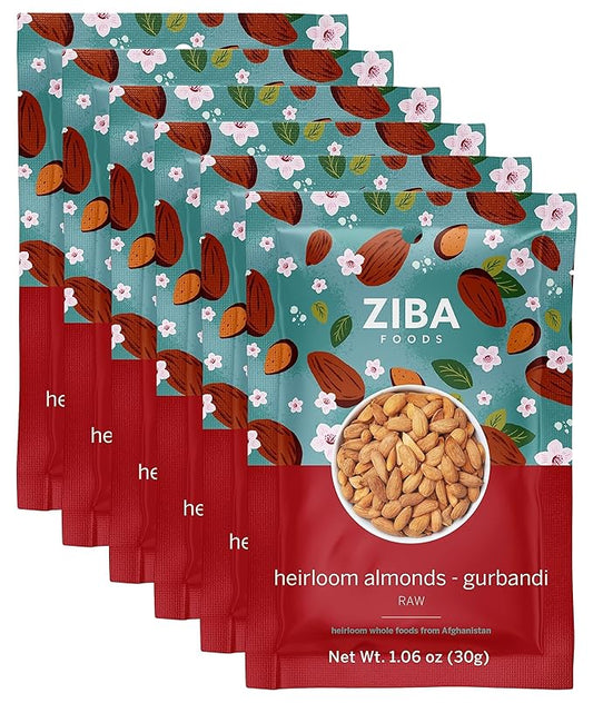 Ziba Foods Heirloom Gurbandi Raw Almonds | Non-GMO, Vegan, Whole 30 Friendly, Keto & Paleo | Heirloom Superfood Naturally High In Vegan Protein & Omega 3s, Pack of 6
