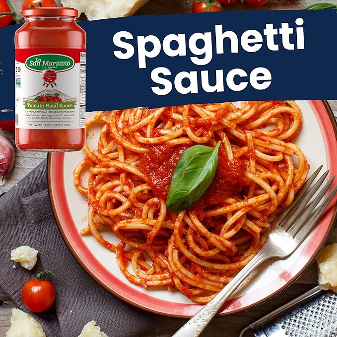 La San Marzano Tomato Basil Sauce, 24 oz, Pasta Sauce Made in Italy, All Purpose Tomato Premium Quality, All Natural, Mediterranean Diet, Non GMO, Vegan, Gluten Free