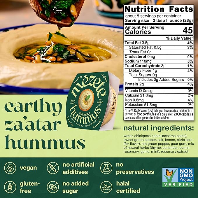 Mezete Zesty Za'atar Hummus Dip | Authentic Middle Eastern | 100% All Natural Dips and Spreads | Flavorful Tahini Rich Vegan Dip | Halal | Gluten-Free | No Preservatives | 180g