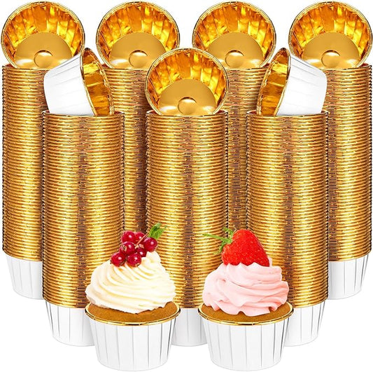 300 Pack White Gold Cupcake Liners Bulk Disposable Foil Muffin Cups 3.5 oz Wrappers for Baking Aluminum Paper Mini Metallic Disposable Holiday Party Wedding Festival Supply