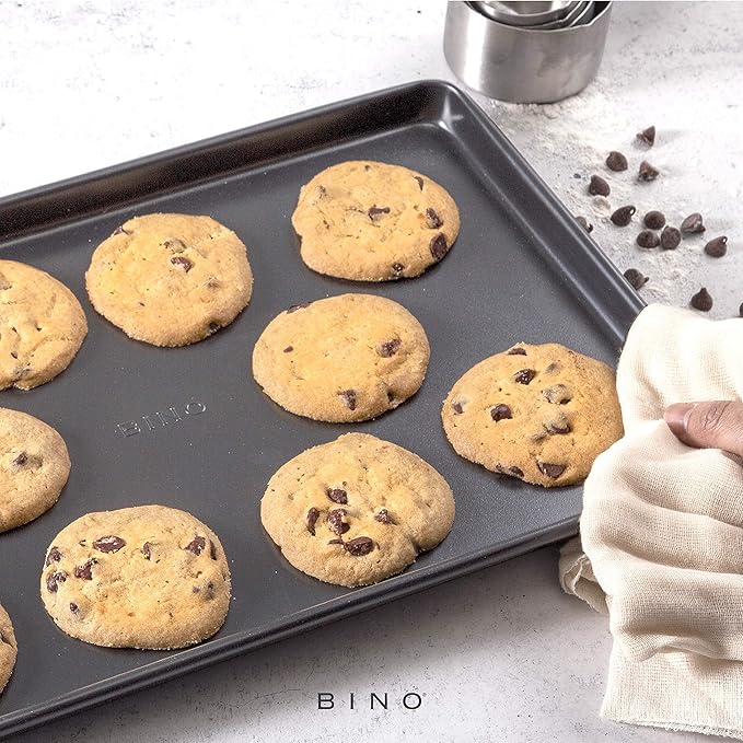 BINO Bakeware Nonstick Cookie Sheet Baking Tray Set, 3-Piece - Gunmetal | Non Stick Baking Pans Set | Carbon Steel Tray Bakeware Sets | Oven Safe | Cookie Sheet Pans | Food-Safe