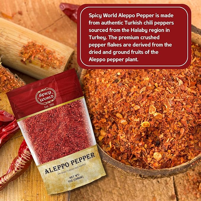 Spicy World Aleppo Pepper Flakes 7 oz | Authentic Turkish Chili Spice for Exquisite Heat & Flavor | Premium Crushed Chili Pepper from Halaby Region | Popular in Turkish & Middle Eastern cooking