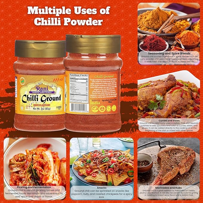 Rani Chilli Powder (Mirchi) Ground Indian Spice 3oz (85g) PET Jar ~ All Natural | Salt-Free | Vegan | No Colors | Gluten Friendly | NON-GMO | Kosher | Indian Origin
