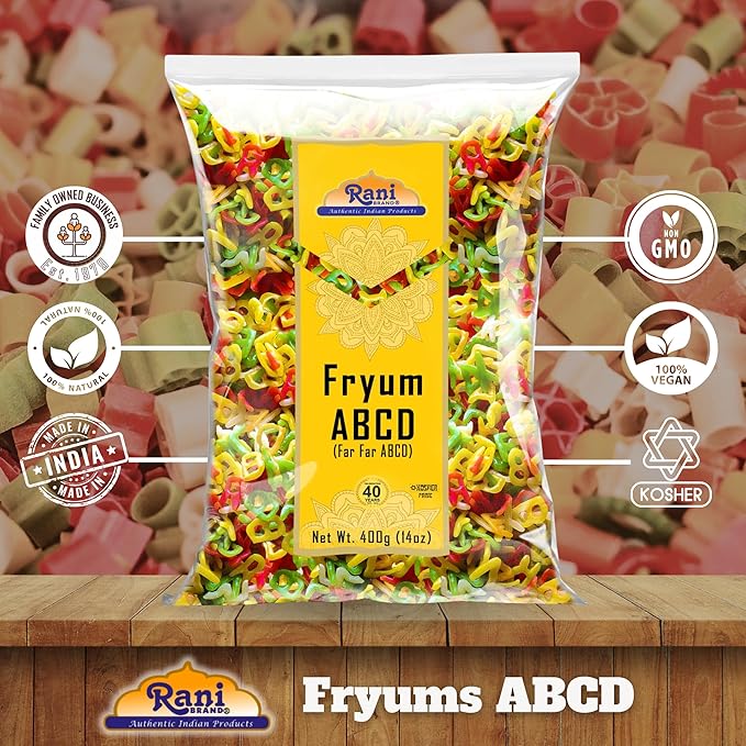 Rani Far Far / Fryums (Wheat & Tapioca Pellet) ABCD Shape 14oz (400g) ~ Vegan, Kosher, Uncooked, Used to Make Papad, Bhungra / Chip Snack