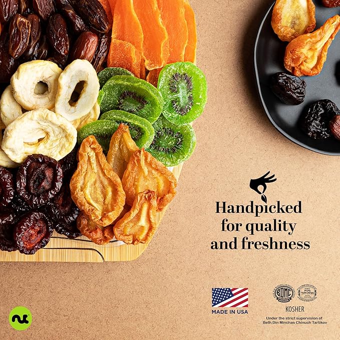 NUT CRAVINGS - Diwali Rosh Hashana & Shana Tova Dried Fruit Flower Arrangement in Wooden Apple-Shaped Gift Basket + Tray (9 Assortment) Healthy Snack Care Package, Food Assortments