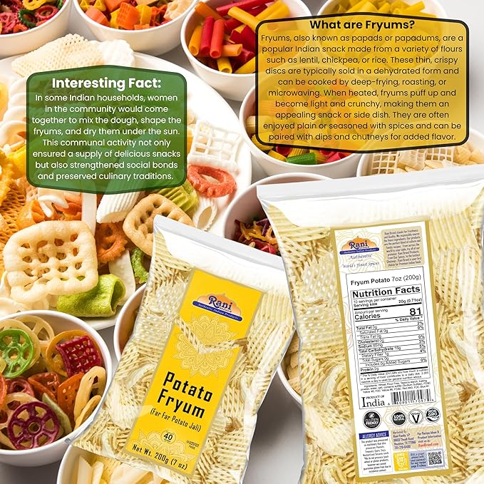 Rani Far Far / Fryums (Wheat & Tapioca Pellet) Potato Jhali 7oz (200g) ~ Vegan, Kosher, Uncooked, Used to Make Papad, Bhungra / Chip Snack