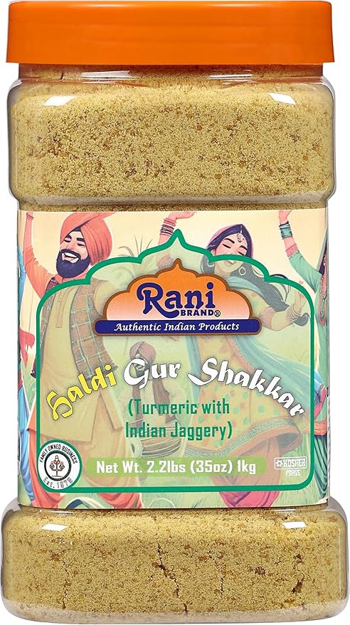 Rani Haldi Gur Shakkar (Turmeric with Indian Jaggery) Indian Unrefined Raw Cane Sugar 35oz (2.2lbs) 1kg PET Jar ~ Gluten Friendly | Vegan | NON-GMO | Kosher | No Salt or fillers | Indian Product