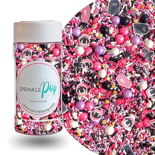 Sprinkle Pop Drop Dead Gorgeous Sprinkle Mix| Black White Purple Pink Sprinkles with ~20 Pink Caskets Bats Fangled Lips Tombstones Wafer Paper| Halloween Sprinkles Made in USA For Cakes Cupcakes,4oz