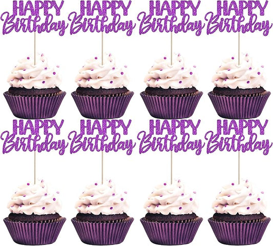 30 PCS Happy Birthday Cupcake Toppers Glitter Happy Birthday Cupcake Picks for Celebrating Anniversary Theme Party Cake Decorations Supplies Dark Purple
