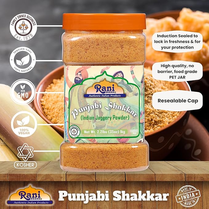 Rani Punjabi Shakkar (Gur Jaggery Powder) Indian Unrefined Raw Cane Sugar 35oz (2.2lbs) 1kg PET Jar ~ Gluten Friendly | Vegan | NON-GMO | Kosher | No Salt or fillers | Indian Product