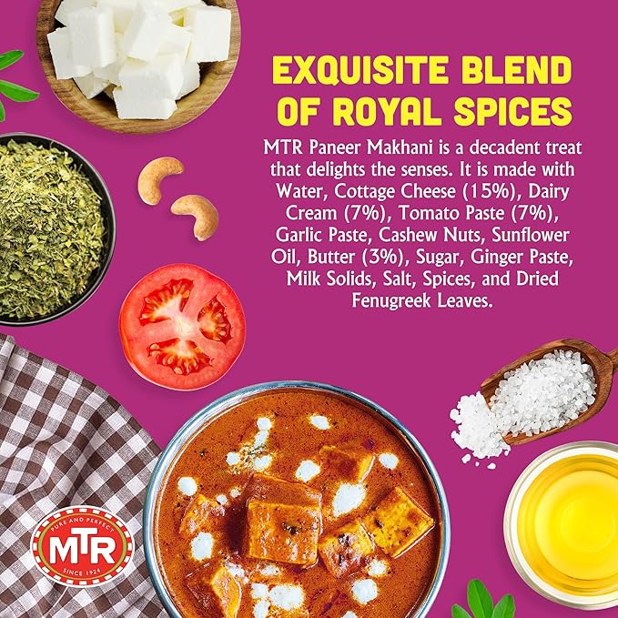 MTR - Minute Meals: Paneer Makhani - Cottage Cheese in Spiced Tomato Puree - Tasty Indian Meal with No Added Preservatives - A Quick Meal Suitable for Vegetarians, Ready in Minutes! (Pack of 6)