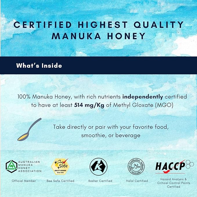 Honey Australia Manuka Honey MGO 514+ | 8.8 oz | Raw, Organic, Pure Certified Australian Honey for Immunity Support & Vitality | Natural Sweetener & Health Boost | Medical Grade, Nutrient-Rich Honey