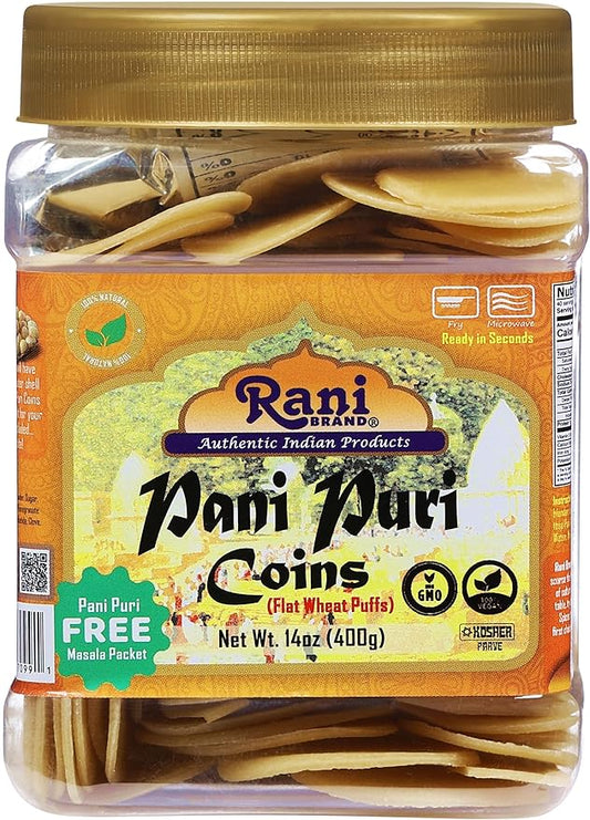 Rani Pani Puri Coins (Uncooked, Microwaveable Wheat Semolina Coins) 14oz (400g) w/Pani Puri Masala (14-Spice Blend for Indian Spicy Water) 1.75oz (50g) ~ All Natural | Vegan | NON-GMO | Kosher