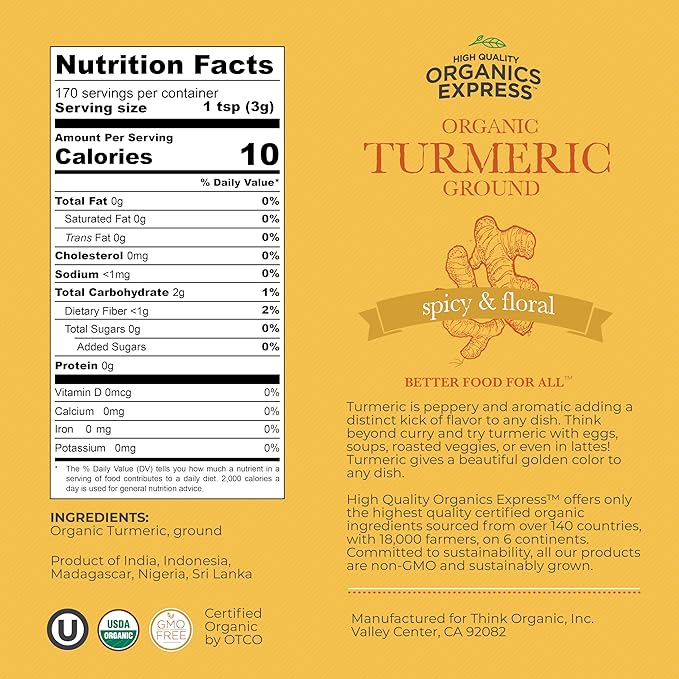 HQOExpress - USDA Certified Organic - Non GMO - Ground Turmeric Spice Powder Seasoning For Cooking - Sustainably Grown - Kosher - 18 oz. Chef Jar