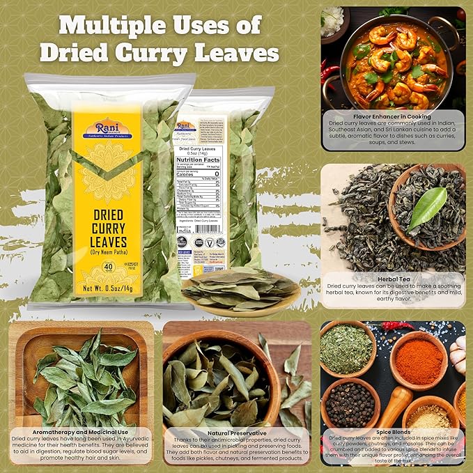 Rani Dried Curry Whole Leaves (Kari Neem Patha) Indian Spice 0.5oz (14g) ~ Non-irradiated | All Natural | Vegan | Gluten Friendly | NON-GMO | Product of USA