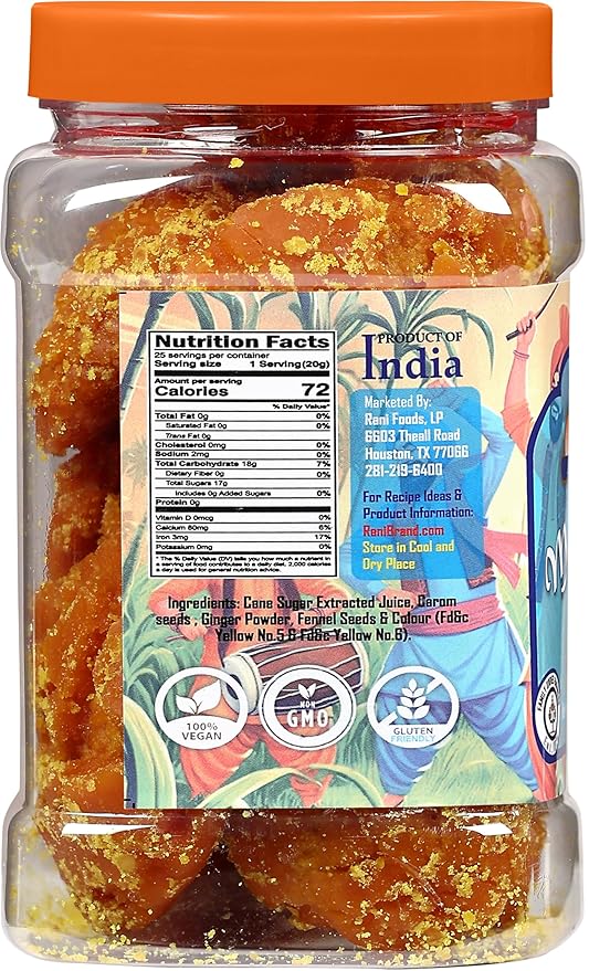 Rani Masala Gur (Jaggery) Indian Unrefined Raw Cane Sugar 17.5oz (1.1lbs) 500g PET Jar ~ Gluten Friendly | Vegan | NON-GMO | Kosher | No Salt or fillers | Indian Product