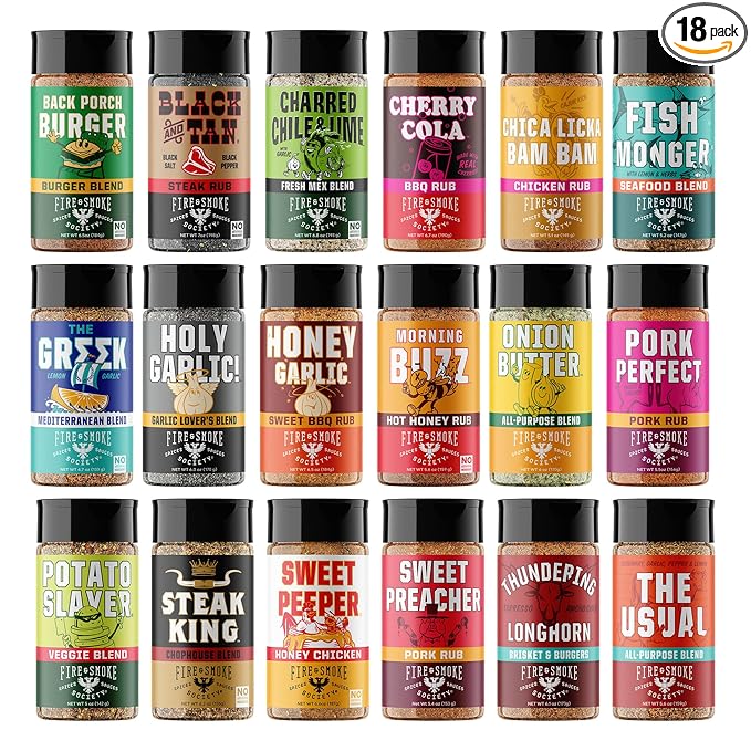 Fire & Smoke Society Motherload (18-Pack) Variety | BBQ Rubs and Seasonings, Gifts for Men Grilling Accessories | Steak Seasoning, Chicken, Burgers, Pulled Pork | Large Spices Set