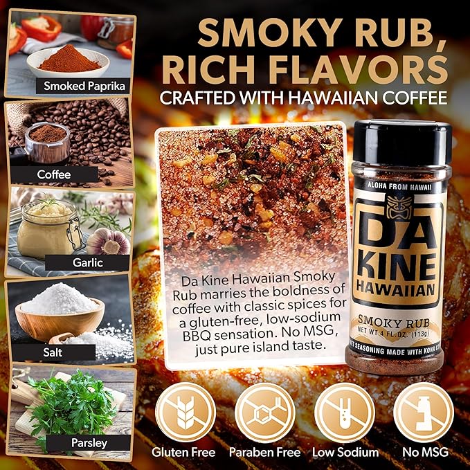 Da Kine Hawaiian Premium BBQ Dry Rub Seasoning - Authentic BBQ Seasoning Blend, Perfect Gourmet Rub Spices for Smoking, Grilling & Cooking - Gluten-Free, Low Sodium, No MSG - Smoky Flavor (4 oz - 1 Pack)