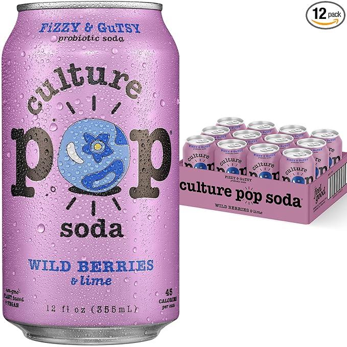 Culture Pop Soda, Wild Berries & Lime, Probiotic Low Sugar Soda, Sparkling Juice Alternative, Non-GMO, Kosher, Gluten-Free, No Stevia (12pk)