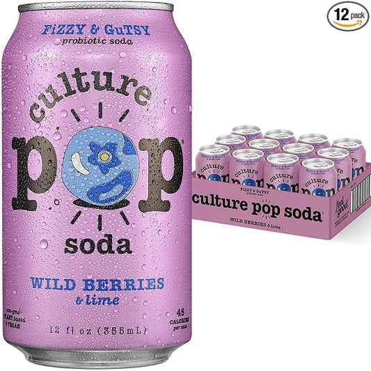 Culture Pop Soda, Wild Berries & Lime, Probiotic Low Sugar Soda, Sparkling Juice Alternative, Non-GMO, Kosher, Gluten-Free, No Stevia (12pk)