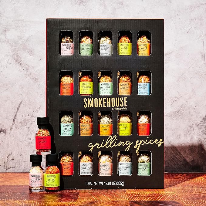Smokehouse by Thoughtfully Holiday Ultimate Grilling Spice Seasoning Gift Set,Flavors Include Chili Garlic, Rosemary and Herb, Lime Chipotle and More, Christmas Wrap, Set of 20