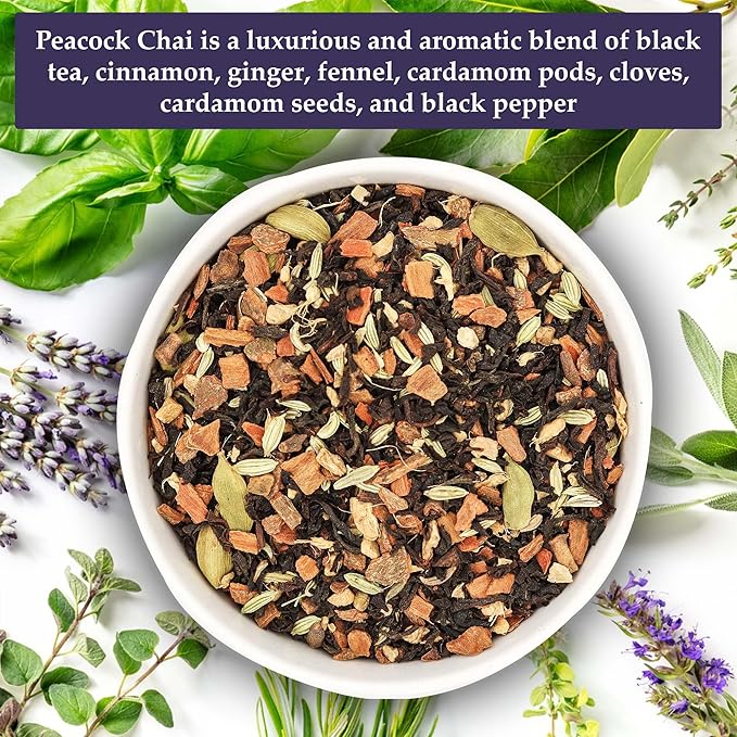 Birdsong Peacock Chai- Organic Black Tea with Assam Chai Spices, Caffeinated English Breakfast Tea with Cardamom, Ginger, and Cinnamon Notes, 100% Natural Sweet 18 Plant-Based Pyramid Tea Bags