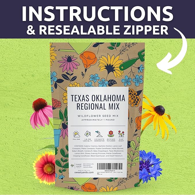 Texas Oklahoma Regional Mix Seeds for Planting - Bulk 1 Pound Bag - Over 240,000 Native Seeds - Open Pollinated and Non GMO