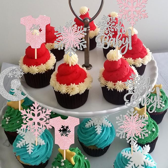 30 PCS Snowflake Oh Baby Cupcake Toppers Glitter Winter Sweater Moon Snowflake Cupcake Picks It's a Girl Cake Decorations for Baby Shower Kids Birthday Christmas Party Supplies Silver Pink