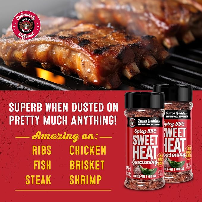 Sauce Goddess BBQ Sweet Heat Spice Shaker (2-Pack) - BBQ Rub with Brown Sugar and Has a Nice Garlic Flavor. Combination of Spicy and Sweet Seasonings and Spices for Cooking