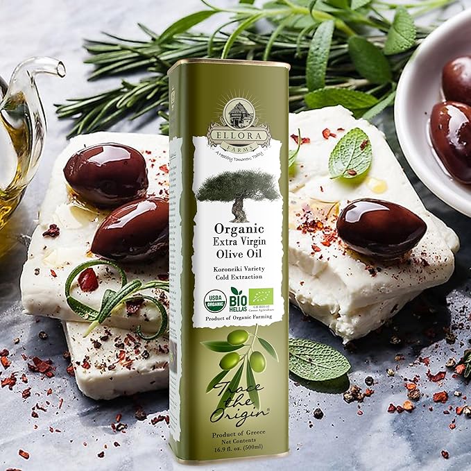 Ellora Farms, Extra Virgin Olive Oil, Organic Cold Press, Traceable Single Origin Olive Oil, Kosher, 17 oz. tin