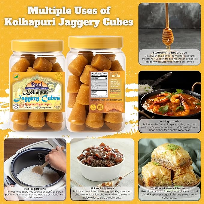 Rani Kolhapuri Jaggery Cubes (Unrefined Cane Sugar) 17.5oz (1.1lbs) 500g PET Jar ~ All Natural, No Color added, Gluten Friendly | Vegan | NON-GMO | Kosher | No Salt or fillers
