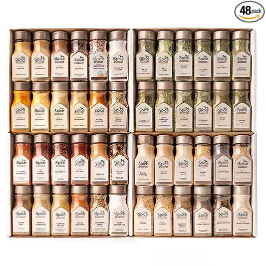 iSpice 48-Pack Starter Spice Set ??Essential Herbs, Spices & Seasonings for Cooking ??Kitchen Gift Set for Home Cooks ??All-Natural, Kosher, Non-GMO (Total Kitchen)