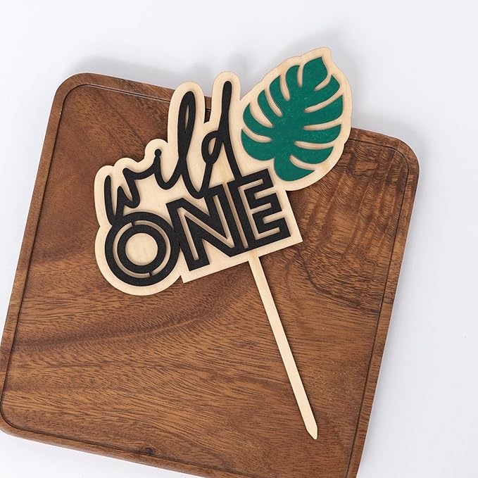 Wild ONE Wood Cake Topper - Birthday Tropical Wild One Theme Cake Decorations, First Birthday Party, Jungle Animal Safari Toddler Birthday Party Smash Cake 1st Birthday (WILD CAKE TOPPER)