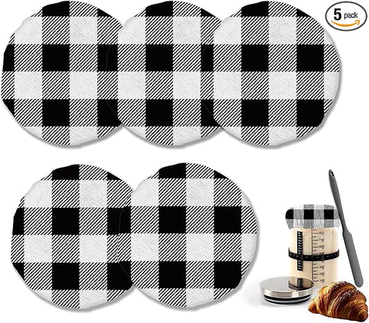 Gray White Plaid Sourdough Starter Cloth Covers Jars Or Kombucha Kefir Fermentation Cheese Fabric Lids, Gifts for Women Baker Fit Jars Mouth from 3-4 inch, 5 Pack