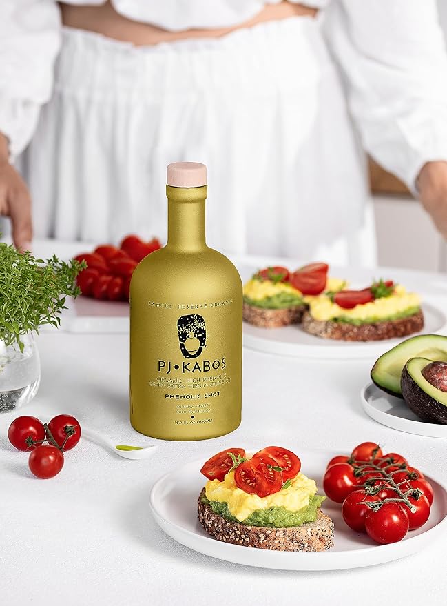 P.J. KABOS 2024/25 Harvest, Extremely High Phenolic (1000+ mg/kg), USDA Organic Greek Extra Virgin Olive Oil, Kosher, Greece, Cold Extracted, 16.9oz Bottle, PJ KABOS ?œFamily Reserve Organic - Phenolic Shot??(6pack)