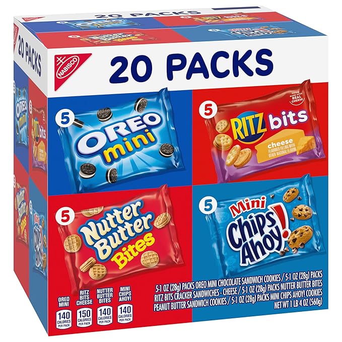 Nabisco Classic Mix Variety Pack, OREO Mini, CHIPS AHOY! Mini, Nutter Butter Bites, RITZ Bits Cheese, School Snacks, 20 - 1 oz Snack Packs
