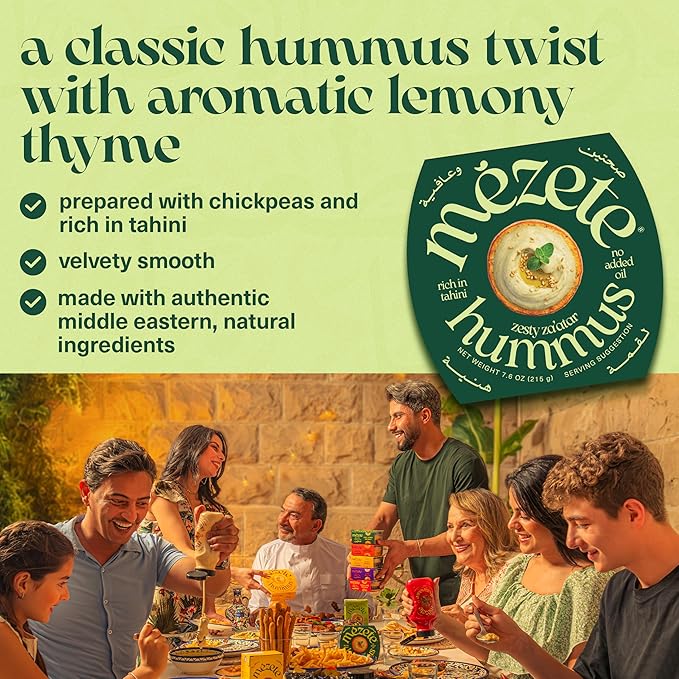 Mezete Zesty Za'atar Hummus Dip | Authentic Middle Eastern | 100% All Natural Dips and Spreads | Flavorful Tahini Rich Vegan Dip | Halal | Gluten-Free | No Preservatives | 180g