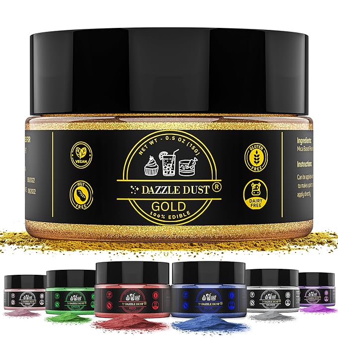 Dazzle Dust Edible Glitter Powder Sprinkles for Cake Decorating, Drinks, Cookie, Icing, Dessert Decorations, Sparkly Luster, Food-Grade, Vegan, Gluten Free, Kosher, Bulk 15g, Gold
