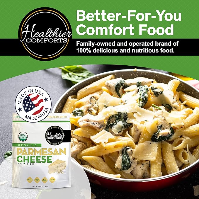 Healthier Comforts Organic Parmesan Cheese Powder, Kosher, Non-GMO, Chemical Free, Gluten Free, Keto Friendly, From Cows Raised Free of Antibiotics or Hormones (rBGH or rBST) (21 oz, Organic Parmesan)